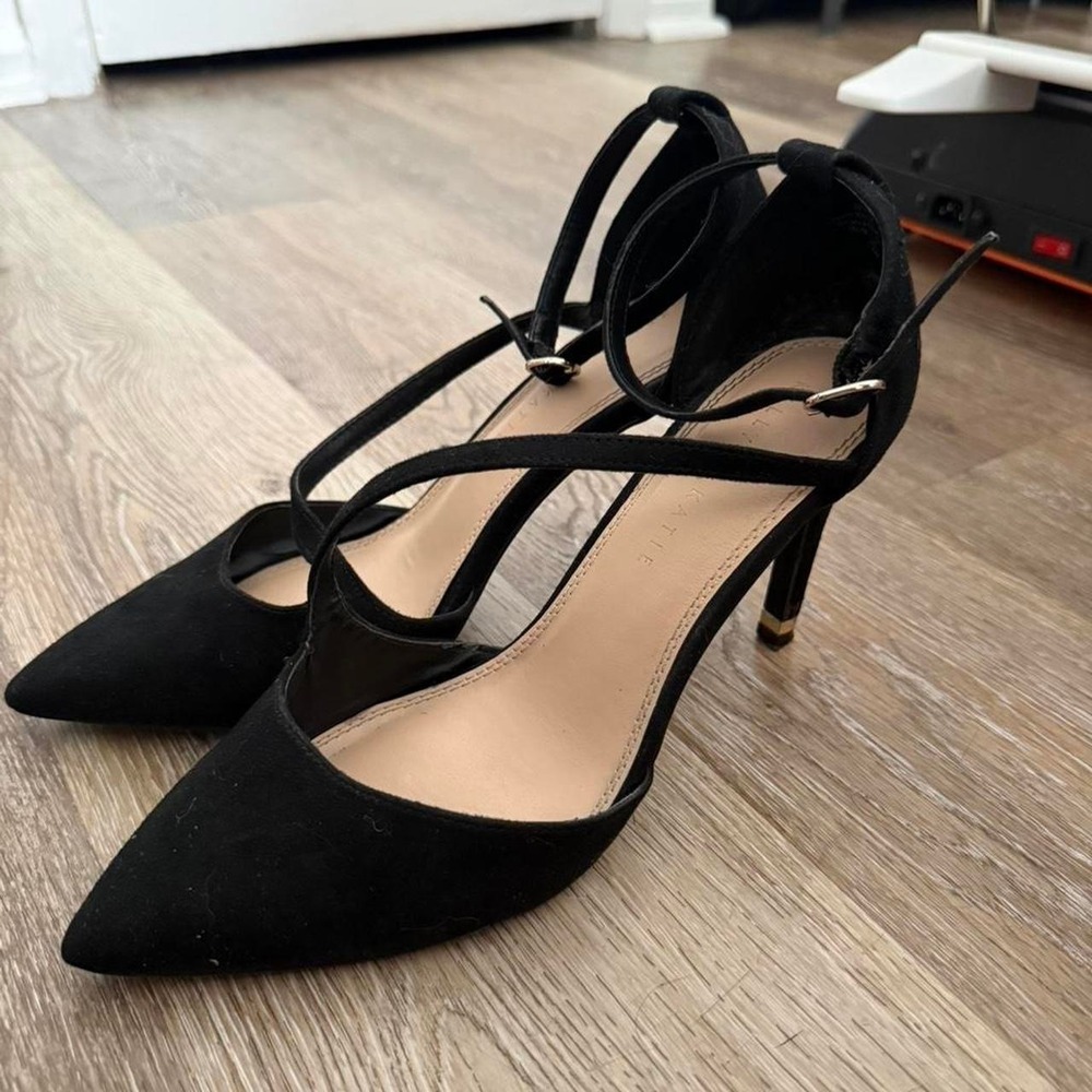 Black suede pointed toe heels with ankle strap